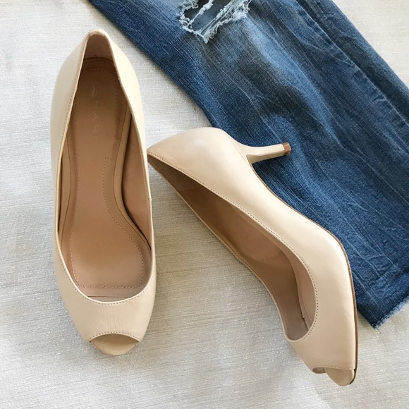 Tahari Shoes - Tahari Nude Peeptoe Leather Pumps